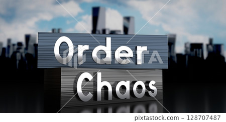 Order, chaos - metal blocks and skyscrapers - 3D illustration Order, chaos - metal blocks and skyscrapers - 3D illustration 128707487