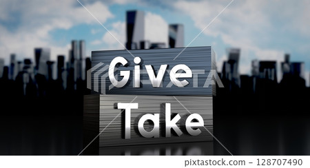 Give, take - metal blocks and skyscrapers - 3D illustration 128707490