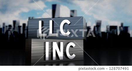 LLC, INC - metal blocks and skyscrapers - 3D illustration 128707491
