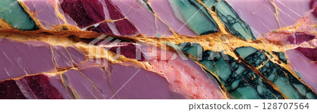 Violet marble slab with striking green radial veining and pink mineral bands 128707564