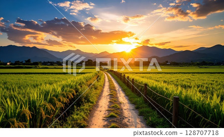 AI image: A rural road at dusk 128707718