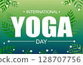 International yoga day banner with green background yoga letters and leaves and flowers 128707756