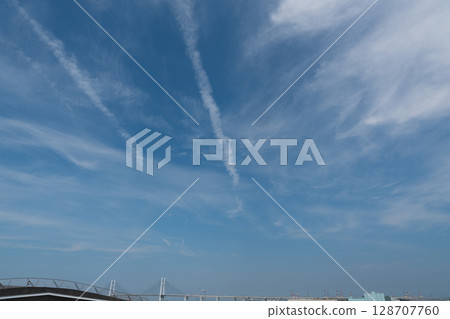 夏日天空中描繪的白色尾流與城市景觀 128707760