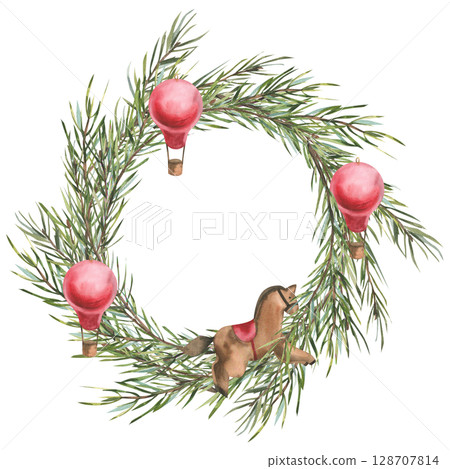 Christmas vintage festive wreath with evergreen spruce branches,vintage red balloon and horse toy illustration. Isolated New year and winter season clipart,symbol of 2026 year for poster, card design Christmas vintage festive wreath with evergreen spruce branches,vintage red balloon and horse toy illustration. Isolated New year and winter season clipart,symbol of 2026 year for poster, card design 128707814