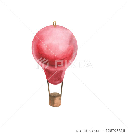 Watercolor red balloon illustration. Christmas decorative toy, vintage ball for Christmas tree decor, isolated clipart for New year card, poster, wallpaper design 128707816