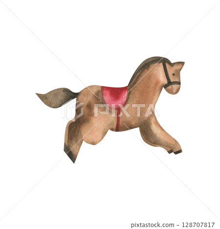 Christmas vintage watercolor horse toy illustration. Hand drawn New year and Christmas tree decoration, wooden hanging horse, symbol of 2026 year clipart for poster, wallpaper,packing design Christmas vintage watercolor horse toy illustration. Hand drawn New year and Christmas tree decoration, wooden hanging horse, symbol of 2026 year clipart for poster, wallpaper,packing design 128707817