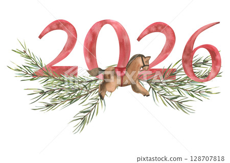 Christmas and New year watercolor banner with red 2026 numbers, vintage horse toy and spruce branches illustration. Isolated festive winter season template for card,poster, packing design 128707818