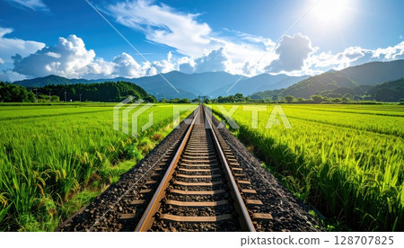 AI image: A straight railroad track running through the countryside 128707825