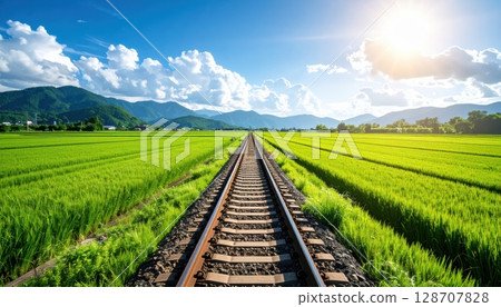 AI image: A straight railroad track running through the countryside 128707828