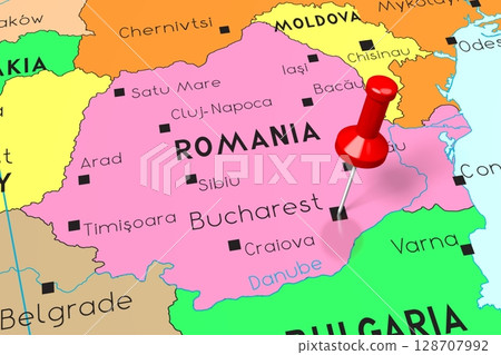 Romania, Bucharest - capital city, pinned on political map 128707992