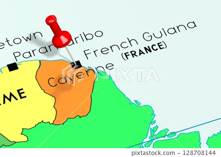 French Guiana, Cayenne - capital city, pinned on political map French Guiana, Cayenne - capital city, pinned on political map 128708144