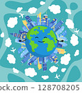 Tourism day poster with planet, buildings, planes, clouds 128708205