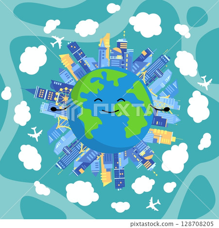 Tourism day poster with planet, buildings, planes, clouds Tourism day poster with planet, buildings, planes, clouds 128708205