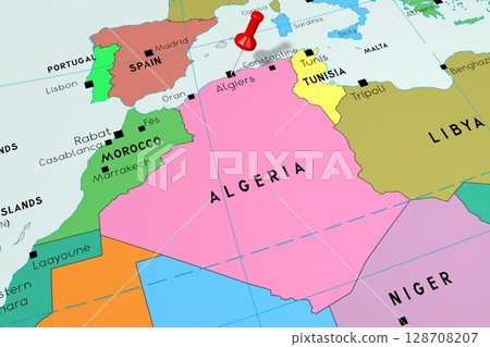 Algeria, Algiers - capital city, pinned on political map Algeria, Algiers - capital city, pinned on political map 128708207