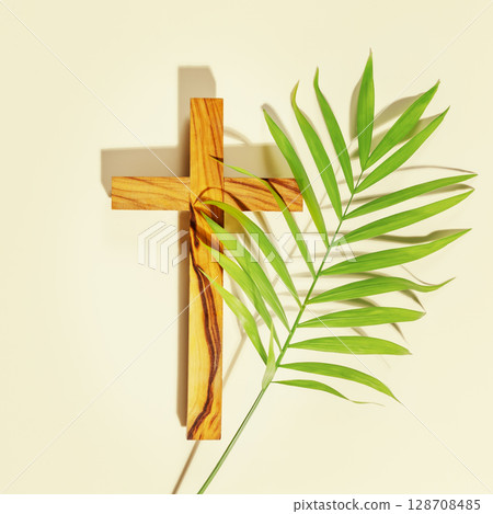 Palm Sunday Holiday. Wooden cross with palm leaf on light background with shadows. Religion background suitable for faith religion, christian holidays, Easter, Redeemer, the Feast of Corpus Christi Palm Sunday Holiday. Wooden cross with palm leaf on light background with shadows. Religion background suitable for faith religion, christian holidays, Easter, Redeemer, the Feast of Corpus Christi 128708485