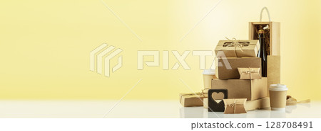 Eco friendly shopping and delivery banner. Craft cardboard gift boxes, wooden box with bottle of champagne and heart on beige background. Zero Waste, plastic free, eco packaging concept. Copy space 128708491