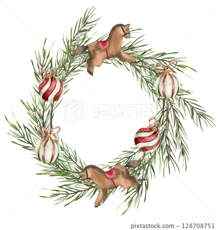 Christmas vintage watercolor wreath template with evergreen spruce,striped balls and wooden horse toy illustration. Isolated frame for New year,winter festive poster, card design Christmas vintage watercolor wreath template with evergreen spruce,striped balls and wooden horse toy illustration. Isolated frame for New year,winter festive poster, card design 128708751