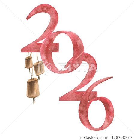 Christmas vintage 2026 lettering banner with golden bell watercolor illustration. New year decorative elements, New year and winter seasonal clipart for greeting card, invitation, web design 128708759