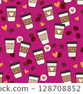 Pattern background cups with coffee tea hot drinks coffee beans hearts icons pink 128708852