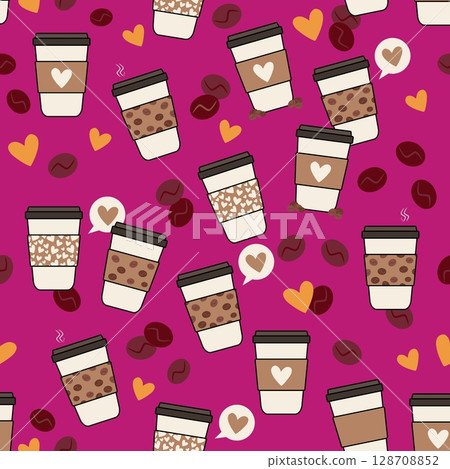 Pattern background cups with coffee tea hot drinks coffee beans hearts icons pink Pattern background cups with coffee tea hot drinks coffee beans hearts icons pink 128708852