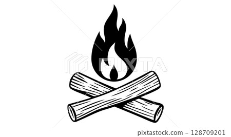 Fire, flame, bonfire. Flame fire icon, abstract style on white background. Flat burn fire symbol, bonfire sign, flame campfire emoji. Camping fireball minimal graphic style. Vector Illustration 128709201