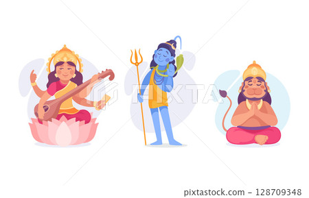 A stunning collection of Colorful Hindu Deities in an intricate Pixel Art Style 128709348