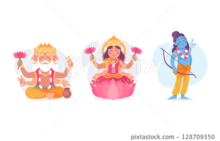 Colorful illustrations of Hindu deities like Lakshmi, Vishnu, and Brahma, showcasing their beauty Colorful illustrations of Hindu deities like Lakshmi, Vishnu, and Brahma, showcasing their beauty 128709350