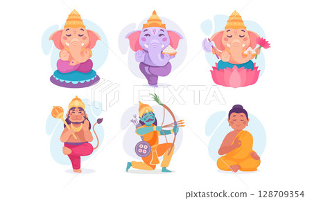 Vibrantly Colorful Illustrations Depicting Hindu Deities and Significant Symbols of Faith 128709354
