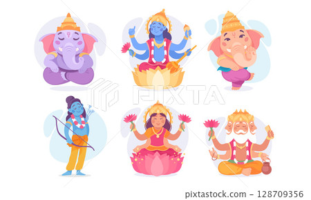Beautiful and Colorful Depictions of Various Hindu Deities in a Modern Artistic Style Beautiful and Colorful Depictions of Various Hindu Deities in a Modern Artistic Style 128709356