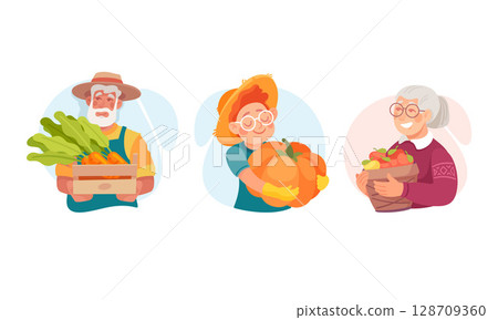Farmers Proudly Displaying a Variety of Freshly Harvested Vegetables and Delicious Fruits 128709360