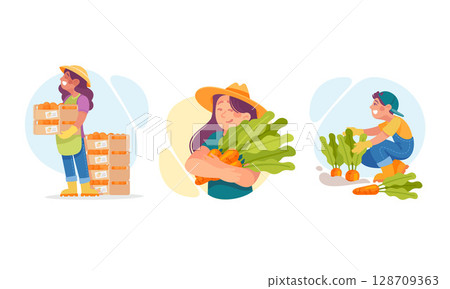 Delightful and Vibrant Farming Scenes Featuring Fresh, Colorful Vegetables and Joyful Happy Farmers Delightful and Vibrant Farming Scenes Featuring Fresh, Colorful Vegetables and Joyful Happy Farmers 128709363