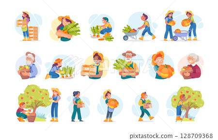 Vibrant and Engaging Illustrations Capturing the Joys of Farming and Harvesting Activities 128709368