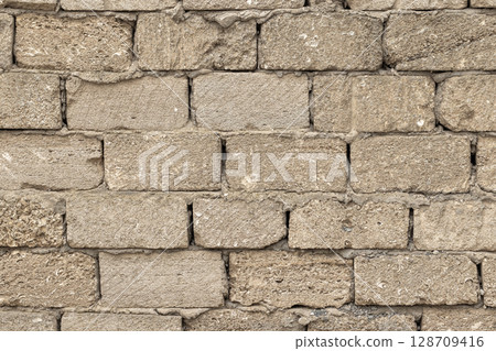 Natural shell rock brick wall texture, front view Natural shell rock brick wall texture, front view 128709416