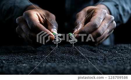 Hands Placing Dollar Signs in Soil Alongside Growing Plants Representing Financial Growth 128709586