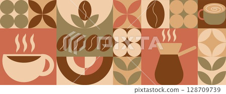Geometric coffee pattern in minimalist Bauhaus style. Geometric line drawing. Abstract print background with simple shapes for coffee shop, food packaging, cafe wall, menu. Geometric coffee pattern in minimalist Bauhaus style. Geometric line drawing. Abstract print background with simple shapes for coffee shop, food packaging, cafe wall, menu. 128709739