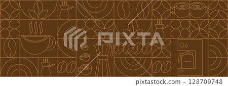 Geometric coffee pattern in minimalist Bauhaus style. Geometric line drawing. Abstract print background with simple shapes for coffee shop, food packaging, cafe wall, menu. Geometric coffee pattern in minimalist Bauhaus style. Geometric line drawing. Abstract print background with simple shapes for coffee shop, food packaging, cafe wall, menu. 128709748