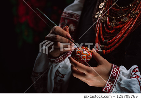 Ukrainian Woman Painting Traditional Ornamets On Easter Egg - Pysanka. Artist 128709769