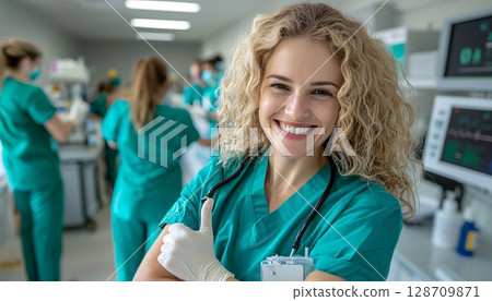 Young Female Medical Professional Smiling in Modern Hospital Environment with Colleagues Working 128709871