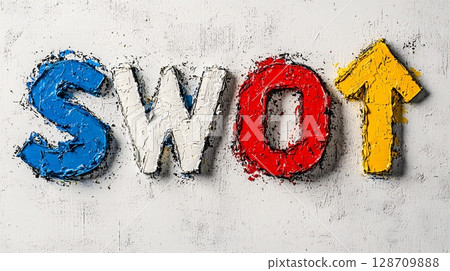 Creative Representation of SWOT Analysis with Colorful Letters and an Upward Arrow on Textured 128709888
