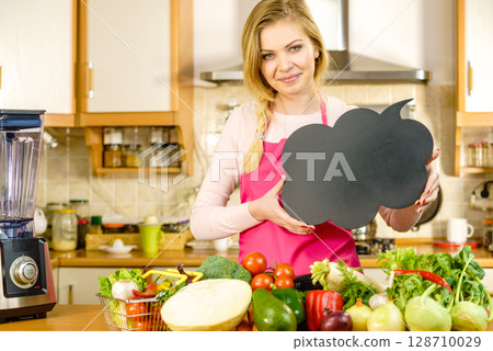 Woman with speech bubble and vegetables Woman with speech bubble and vegetables 128710029