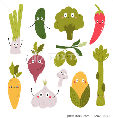 Cute Vegetables Clipart. Funny Cartoon Veggie Characters with Faces 128710072