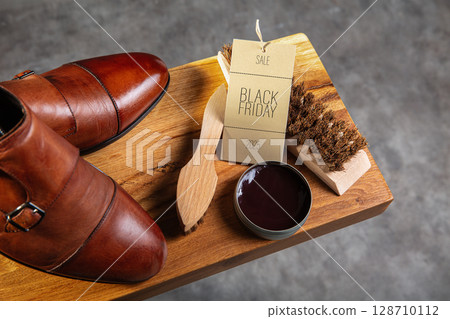 Elegant Leather Shoes with Black Friday Sale Tag and Shoe Care Set 128710112
