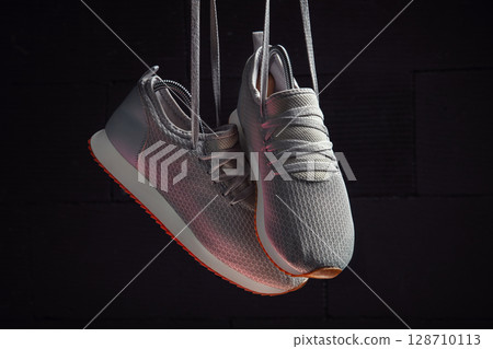 Hanging Gray Mesh Sneakers with Orange Soles 128710113
