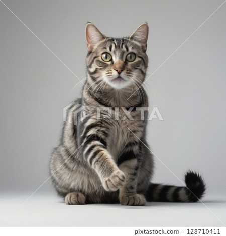 一隻棕色虎斑貓瞄準獵物 128710411