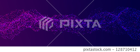Wave particle abstract background. Purple flow energy element. Technology blue light concept. Cyber data crypto concept. Pixel art bg. Water line. Vector illustration 128710412