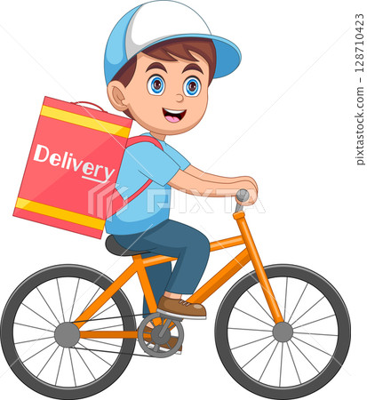 Delivery Man Riding a Bike Cartoon Delivery Man Riding a Bike Cartoon 128710423