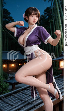 A female ninja operating in the shadows at night 128710449