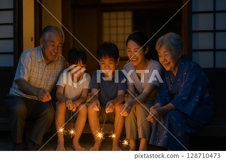 Enjoying the Fireworks at Dusk 1 128710473
