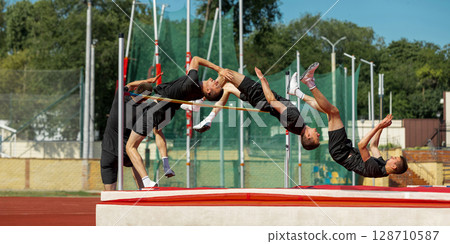 Athlete executing a successful high jump using flawless technique in series Athlete executing a successful high jump using flawless technique in series 128710587