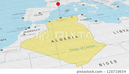 Algeria, Algiers - push pin on political map - 3D illustration Algeria, Algiers - push pin on political map - 3D illustration 128710654